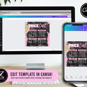May include: A digital price list template displayed on a computer monitor and a smartphone screen. The design features a black background with pink accents and text that reads PRICE LIST, listing various hair bundle, frontal, and closure prices.