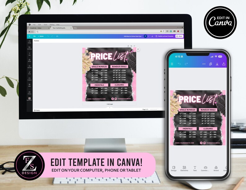 May include: A digital price list template displayed on a computer monitor and a smartphone screen. The design features a black background with pink accents and text that reads PRICE LIST, listing various hair bundle, frontal, and closure prices.
