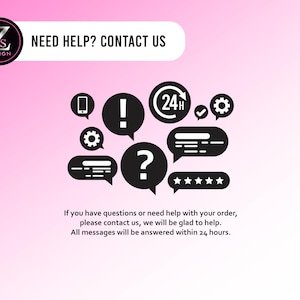 以下が含まれることがあります： ピンクのグラデーション背景に「NEED HELP? CONTACT US」の文字と「FZ DESIGN」の文字が入った円形ロゴ。その下には、電話、感嘆符、24H、歯車、星が描かれた黒い吹き出しのアイコンが配置されています。