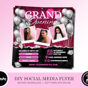 Grand Opening Flyer, DIY Celebration Flyer, Event Party Flyer, Launch Flyer, Instagram Beauty Hair Nails Lash Boutique Flyer Canva Template