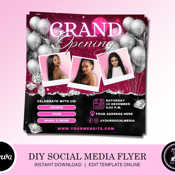 Grand Opening Flyer, DIY Celebration Flyer, Event Party Flyer, Launch Flyer, Instagram Beauty Hair Nails Lash Boutique Flyer Canva Template