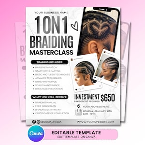 May include: A promotional flyer for a braiding masterclass. The flyer features images of braided hairstyles, a smartphone graphic, and text that includes the class name, training details, and investment information. The flyer is on a pink background.