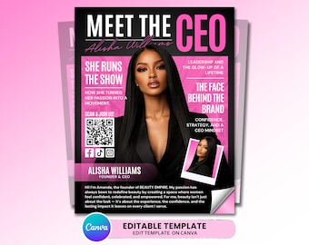 Flyer Conheça o CEO, Flyer Empreendedor, Modelo para Pequenas Empresas, Flyer de Branding para Mulheres nos Negócios, Modelo de Capa de Revista
