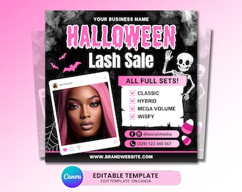 Peut inclure: Un modèle de flyer numérique carré pour une vente de cils d'Halloween avec une police rose dégoulinante, un squelette et la photo d'une personne aux cheveux roses. Le texte inclut ALL FULL SETS, CLASSIC, HYBRID, MEGA VOLUME, WISPY et des infos.