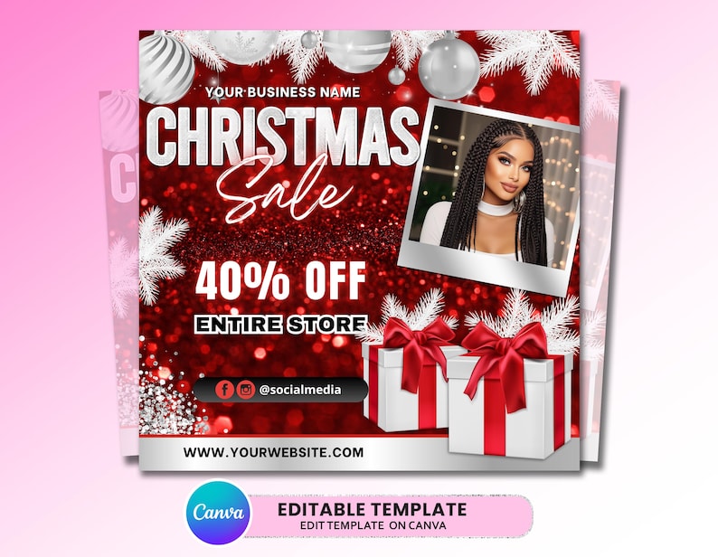 May include: A digital Christmas sale template featuring a red glitter background, white pine branches, silver ornaments, and two white gift boxes with red ribbons. It includes a photo frame, the text CHRISTMAS Sale 40% OFF ENTIRE STORE, and placeholders for business name, social media, and website.