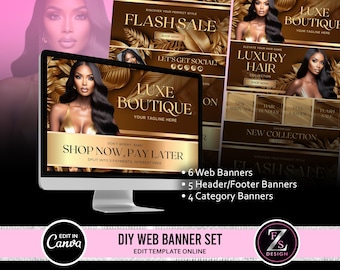 DIY Web Banners Set, 15 Website Banners Beauty Artist Hair Nails Boutique, Shopify Web Canva Templates, Gold Web Banners