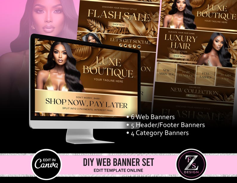 May include: A set of web banners for a hair boutique with a gold and brown color scheme. The banners feature a woman with long black hair and the text "Luxe Boutique" and "Shop Now, Pay Later".
