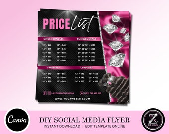 Hair Price List Flyer, DIY Wig Flyer Braids Pricing List Social Media Instagram Book Now Beauty Hair Boutique Editable Canva Template