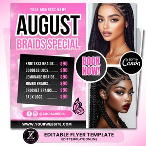 August Braids Flyer, August Flyer, Braid Price List Flyer, Braids Sale Flyer, Hair Flyer, Lashes Flyer, Braids Special Flyer Template