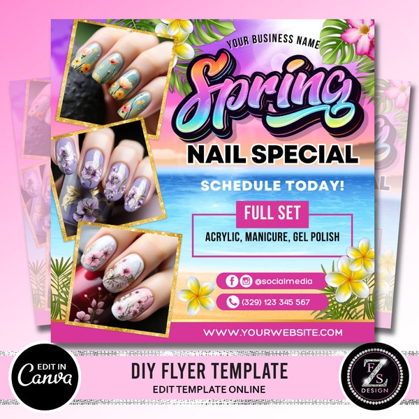 Spring Nails Specials Flyer, Nail Prices Flyer, Spring Flyer, Nails Booking Available Flyer Spring Nail Stylist Template