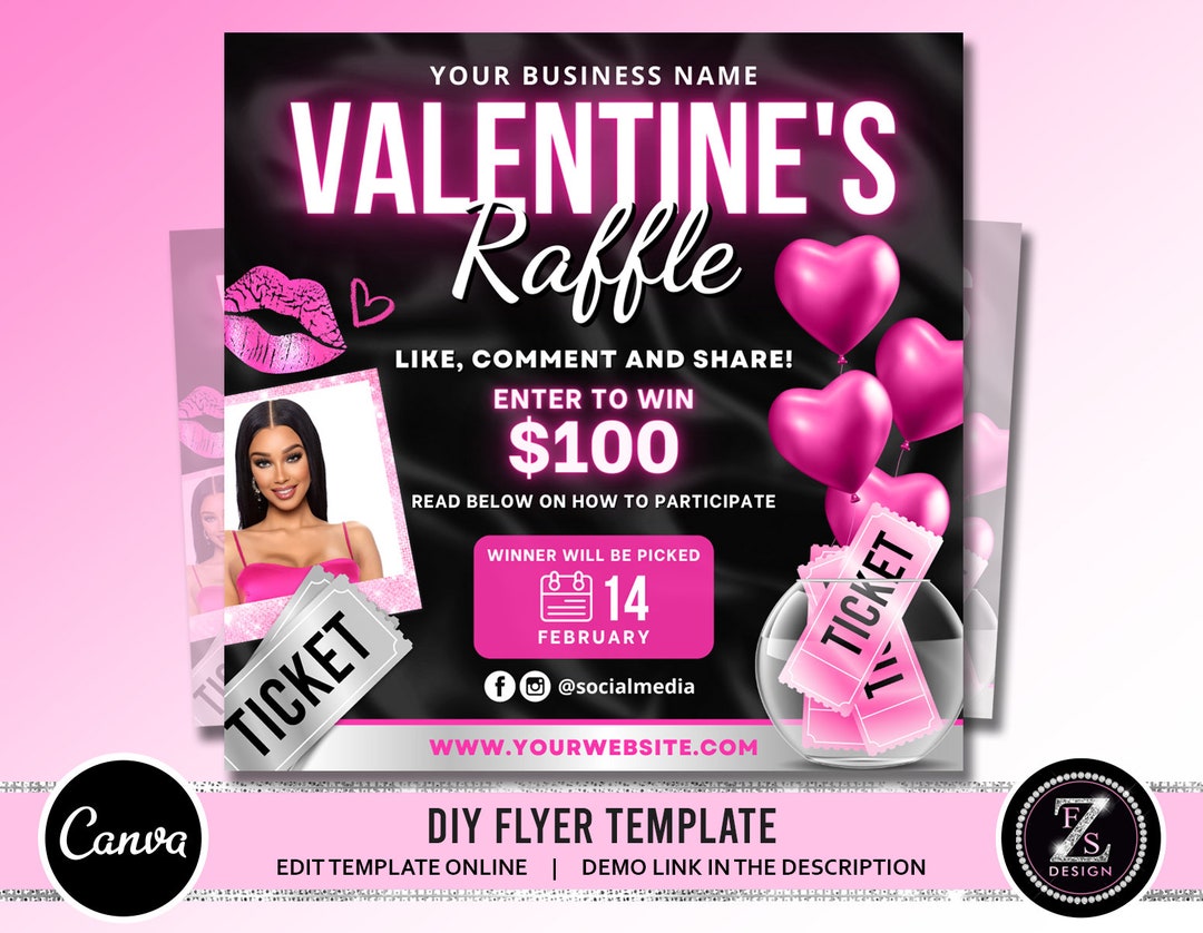 Valinetines Raffle Poster Valentines Day Raffle Giveaway Flyer, DIY Valentines Flyer, Giveaway ...