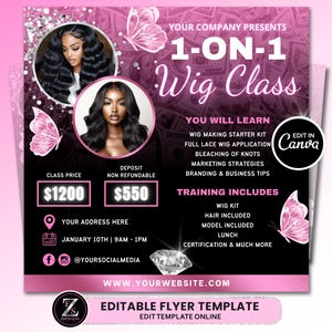 Wig Class Flyer, DIY Hair Flyer, Hair Extension Flyer, Wig Training Class Flyer, Social Media Beauty Lashes Nails Editable Flyer Template