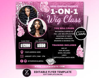 Folleto de clase de pelucas, folleto de peluquería DIY, folleto de extensiones de cabello, folleto de capacitación sobre pelucas, plantilla editable de pestañas y uñas para redes sociales.