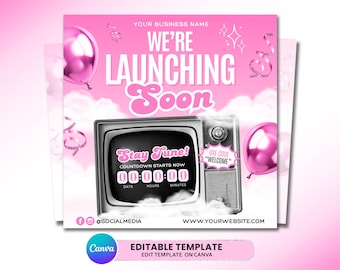 Ulotka informująca o uruchomieniu witryny: Wkrótce post w mediach społecznościowych, szablon Canva do włosów, rzęs, paznokci, warkoczyków