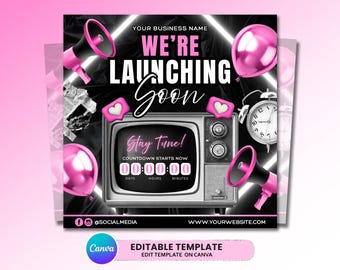 Ulotka informująca o uruchomieniu witryny, Nowa witryna wkrótce, Post w mediach społecznościowych, Instagram, Włosy, Rzęsy, Technologia, Paznokcie, Warkocze, Biznes, Szablon Canva