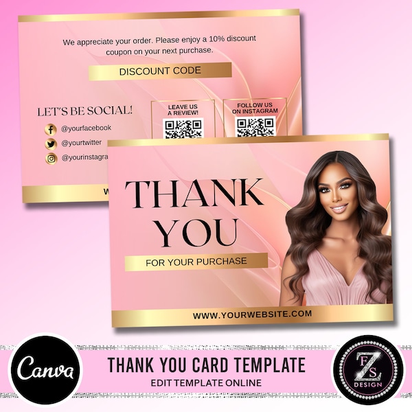 Thank You Card Template, Pink and Gold DIY Marketing Card Template, Packaging Order Template, Nails, Hair, Makeup Marketing Cards Template