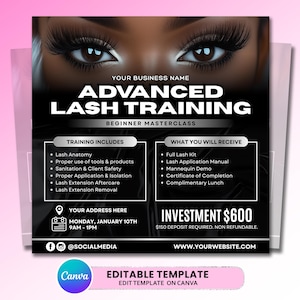 Könnte beinhalten: Schwarz-weiß Werbung für ein fortgeschrittenes Wimperntraining. Das Bild zeigt eine Nahaufnahme der Augen einer Person mit langen, dunklen Wimpern. Der Text enthält "Advanced Lash Training" und Details zum Anfänger-Meisterkurs.