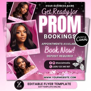 Pode incluir: Panfleto rosa e preto com o texto "Get Ready for Prom" em letras brancas. O panfleto tem um fundo rosa com brilho e estrelas. Tamb&eacute;m inclui o texto "Bookings" e "Book Now!" com informa&ccedil;&otilde;es de contato e um endere&ccedil;o de site.