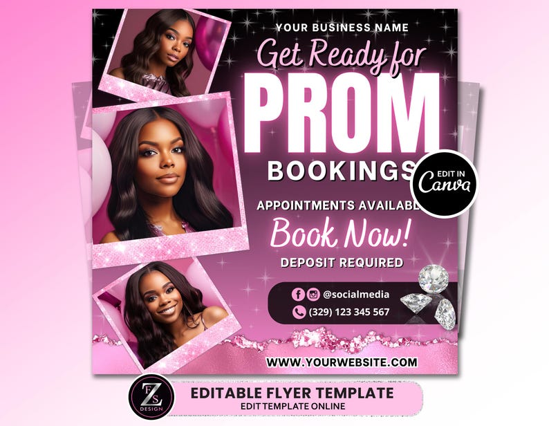 Pode incluir: Panfleto rosa e preto com o texto "Get Ready for Prom" em letras brancas. O panfleto tem um fundo rosa com brilho e estrelas. Tamb&eacute;m inclui o texto "Bookings" e "Book Now!" com informa&ccedil;&otilde;es de contato e um endere&ccedil;o de site.