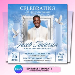 May include: A memorial funeral program template featuring a portrait of a smiling person in a white suit, framed by ornate silver borders, white doves, and blue sky with clouds. Text includes CELEBRATING The life of our beloved Jacob Anderson.
