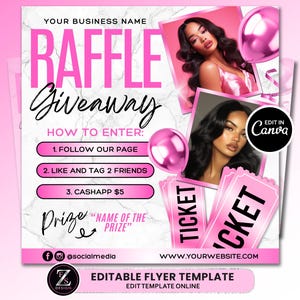 Puede incluir: Un fondo de mármol rosa y blanco con un folleto rosa para un sorteo. El folleto presenta un diseño de boleto rosa con el texto "RAFFLE Giveaway" en negro. El folleto también incluye instrucciones sobre cómo participar en el sorteo, incluyendo seguir una página, dar me gusta y etiquetar amigos, y enviar dinero a través de CashApp. El folleto también incluye una descripción del premio con el texto "Prize" y "NAME OF THE PRIZE" en negro. El folleto también incluye un nombre de perfil en las redes sociales y una dirección de sitio web. El folleto también incluye el texto "EDITABLE FLYER TEMPLATE" y "EDIT TEMPLATE ONLINE" en negro.