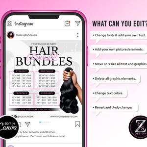 Pode incluir: Um smartphone rosa exibe uma lista de pre&ccedil;os de pacotes de cabelo em uma postagem do Instagram. O gr&aacute;fico inclui texto, um pacote de cabelo e uma m&atilde;o segurando o cabelo. O texto inclui op&ccedil;&otilde;es para liso, ondulado, frontais e fechamentos.