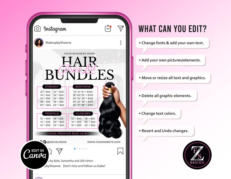 Pode incluir: Um smartphone rosa exibe uma lista de pre&ccedil;os de pacotes de cabelo em uma postagem do Instagram. O gr&aacute;fico inclui texto, um pacote de cabelo e uma m&atilde;o segurando o cabelo. O texto inclui op&ccedil;&otilde;es para liso, ondulado, frontais e fechamentos.