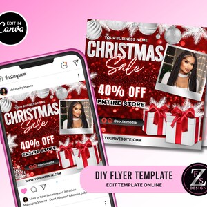 May include: A digital flyer template for a Christmas sale displayed on a smartphone screen and as a separate graphic. The design features a red glitter background, white Christmas ornaments, gift boxes with red bows, and a photo placeholder.