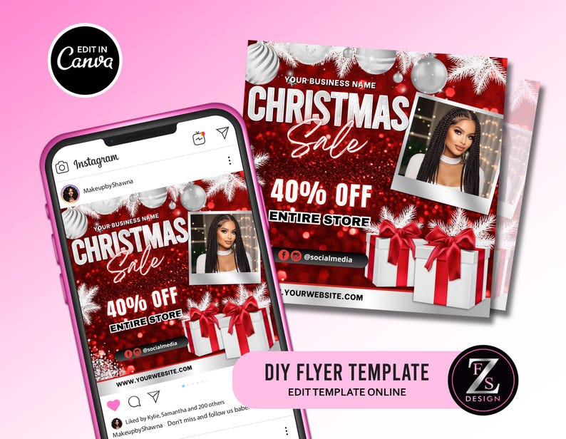 May include: A digital flyer template for a Christmas sale displayed on a smartphone screen and as a separate graphic. The design features a red glitter background, white Christmas ornaments, gift boxes with red bows, and a photo placeholder.