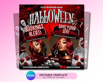 May include: A Halloween-themed promotional graphic with a red and black color scheme. The design includes the word "HALLOWEEN" in large, stylized letters, along with the phrases "BOOKINGS ALERT!" and "SAVE YOUR SEAT". The graphic features images of a woman with red hair, skulls, and roses.