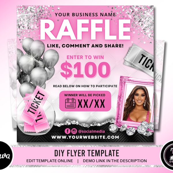 Raffle Flyer, DIY Giveaway Flyer, Raffle Ticket Flyer, Prize Flyer, Contest Flyer, Beauty Flyer, Hair Lashes Boutique Canva Flyer Template