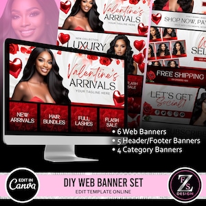 May include: A set of six web banners with a Valentine's Day theme. The banners feature a red and white colour scheme with hearts and roses. The text on the banners includes "Valentine's Arrivals", "New Arrivals", "Hair Bundles", "Full Lashes", "Flash Sale", "Free Shipping", "Let's Get Social!" and "We ♥ Selfies!"