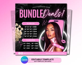 Hair Bundle Price List Flyer, Wig Install Flyer, Hair Stylist Booking, Canva Template