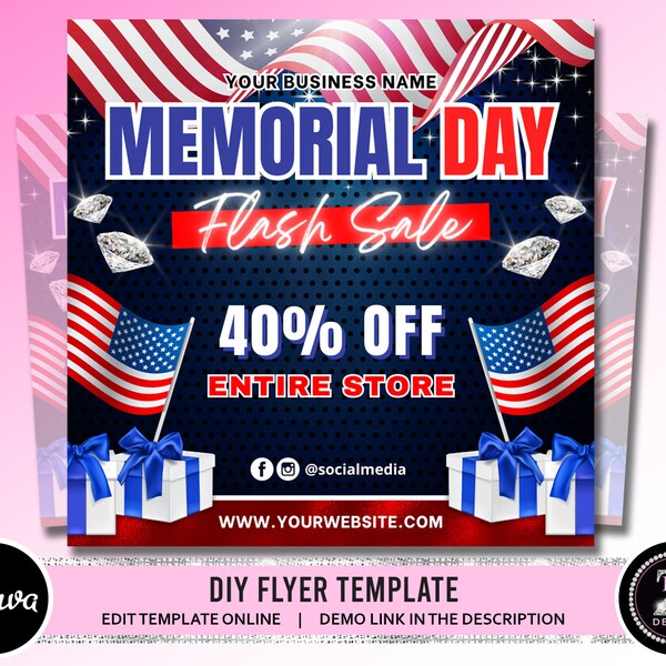 Memorial Day Flyer, Holiday Sale Flyer, Memorial Day Sale Appointment Flyer, Beauty Hair Lashes Nails Boutique Canva Template Flyer