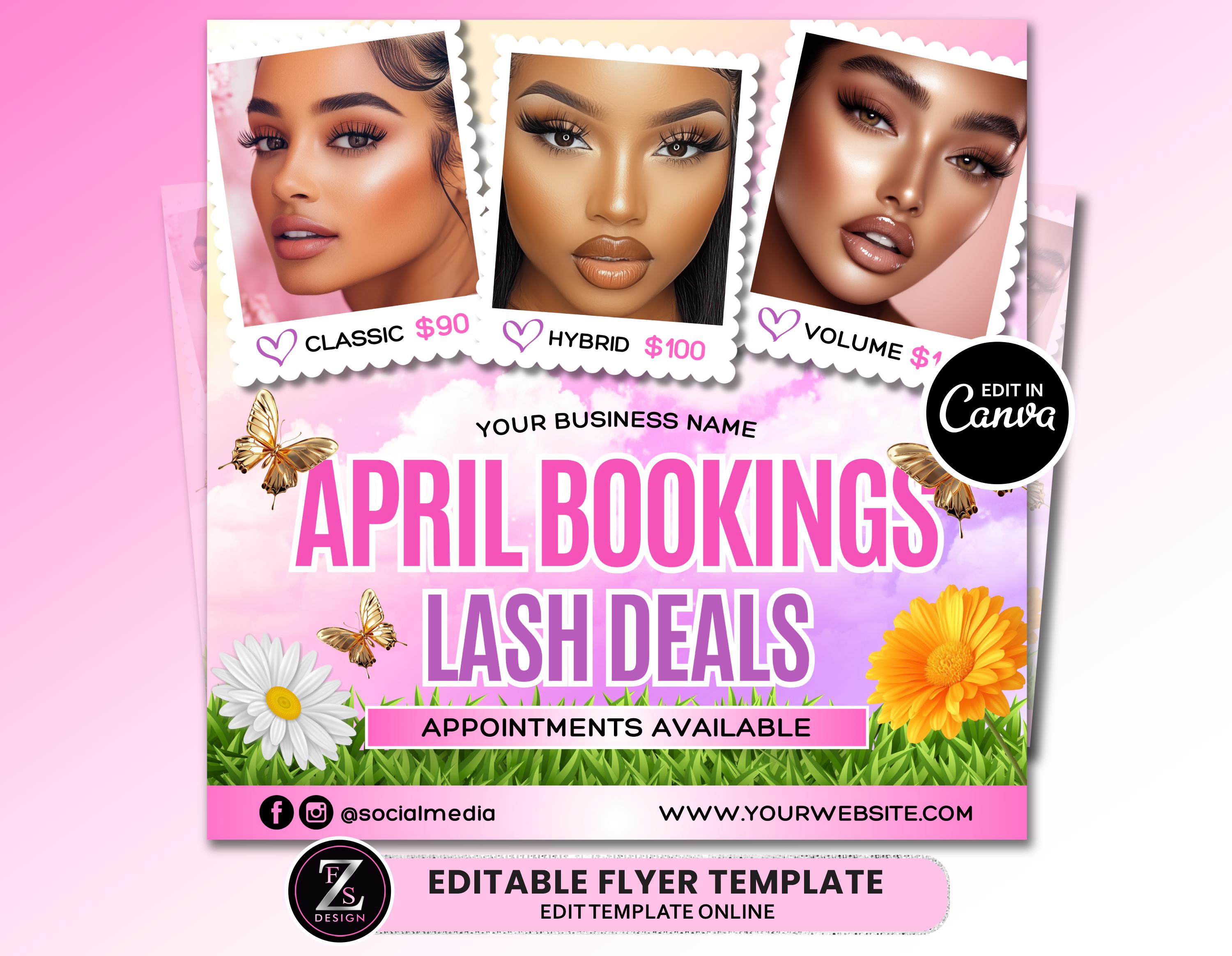 Folleto de venta de pestañas de abril, folleto de extensiones de pestañas, folleto de ofertas de pestañas, folleto de pestañas de abril, folleto de pestañas de belleza, plantilla de folleto de primavera