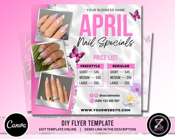 April Nails Specials Flyer, Nail Prices Flyer, April Flyer, Spring Nails Booking Available Flyer Instagram Beauty Nail Stylist Template