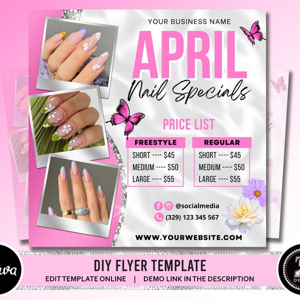 April Nails Specials Flyer, Nail Prices Flyer, April Flyer, Spring Nails Booking Available Flyer Instagram Beauty Nail Stylist Template