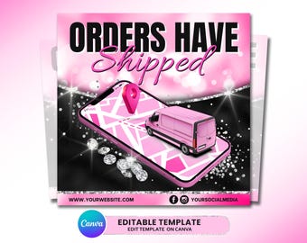 以下が含まれることがあります： 黒とピンクで「ORDERS HAVE SHIPPED」と書かれた正方形のデジタルグラフィック。スマートフォンには、ピンクの地図、位置ピン、ピンクの配送用バンが表示されています。背景は黒で、ダイヤモンドのような輝くアクセントが施されています。