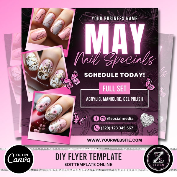 May Nails Specials Flyer, Nail Prices Flyer, May Nails Booking Available Flyer, Beauty Nail Stylist Template, Mothers Day Flyer