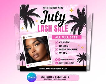 Könnte beinhalten: Rosa-weiße Werbegrafik für einen Wimpernverkauf im Juli. Das Bild zeigt ein Porträt einer Frau in einem Social-Media-Rahmen, Palmen und den Text "July Lash Sale" und "All Full Sets!" mit Wimpernstil-Optionen.