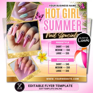 Summer Nails Specials Flyer, Nail Preise Flyer, Sommer Flyer, Nails Buchung verfügbar Flyer, Nail Stylist Vorlage