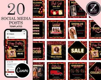 20 Social Media Flyer Templates, Hair Flyer Template, Beauty Flyer, Boutique Flyer Template, Red and Gold Flyer, Instagram Flyer Template