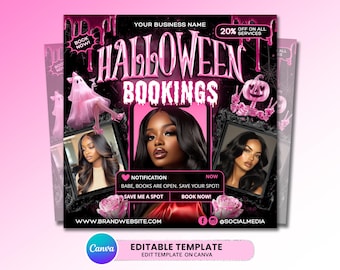 May include: A promotional flyer for Halloween bookings, featuring a black and pink color scheme. The text "HALLOWEEN BOOKINGS" is prominently displayed. The flyer includes images of women with long hair, a ghost, and a pumpkin.