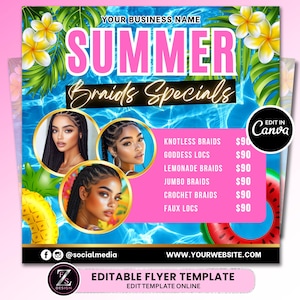 Summer Braid Sale Flyer, Summer Sale Flyer, Braid Prices Flyer, Braids Sale Flyer, Hair Flyer, Lashes Flyer, Braids Special Flyer Template
