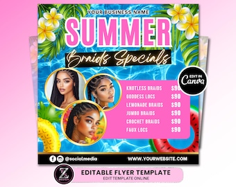 Summer Braid Sale Flyer, Summer Sale Flyer, Braid Prices Flyer, Braids Sale Flyer, Hair Flyer, Lashes Flyer, Braids Special Flyer Template