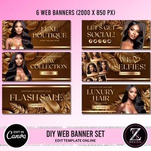 May include: Six web banners featuring a woman with long black hair and gold accents. The banners advertise a luxe boutique, new collection, flash sale, luxury hair, social media, and selfies.