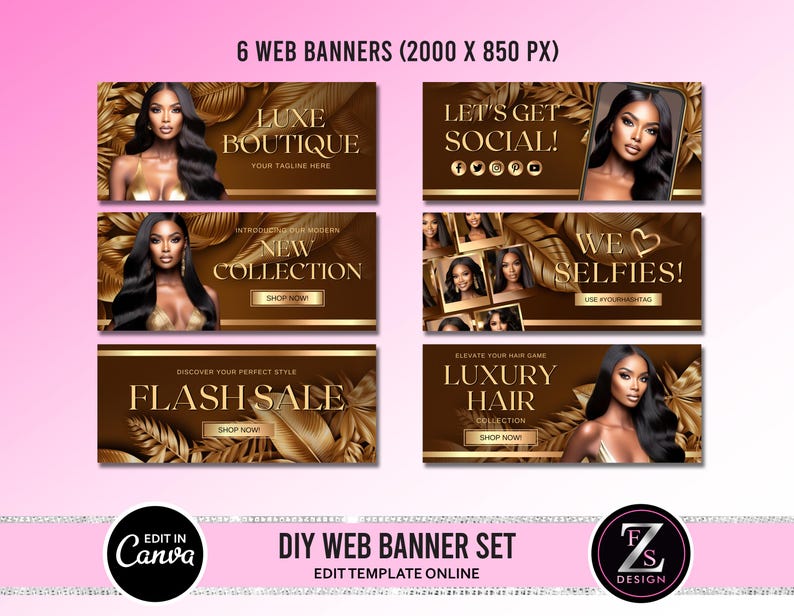 May include: Six web banners featuring a woman with long black hair and gold accents. The banners advertise a luxe boutique, new collection, flash sale, luxury hair, social media, and selfies.