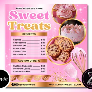 May include: Pink and gold dessert menu with the text "Sweet Treats." The menu lists cookies, cheesecake, lemon cake, and other desserts. The image includes cupcakes, a cake, and chocolate chip cookies. A whisk and spatula are also visible.