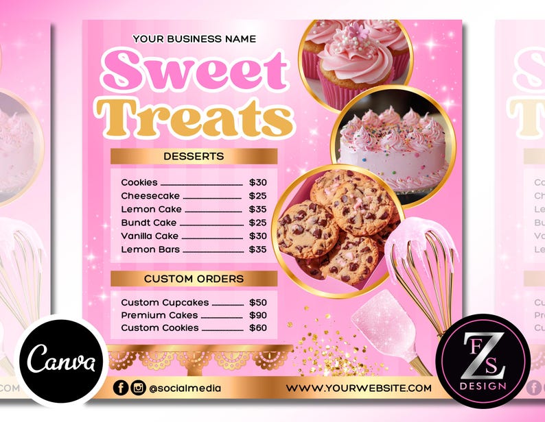 May include: Pink and gold dessert menu with the text "Sweet Treats." The menu lists cookies, cheesecake, lemon cake, and other desserts. The image includes cupcakes, a cake, and chocolate chip cookies. A whisk and spatula are also visible.