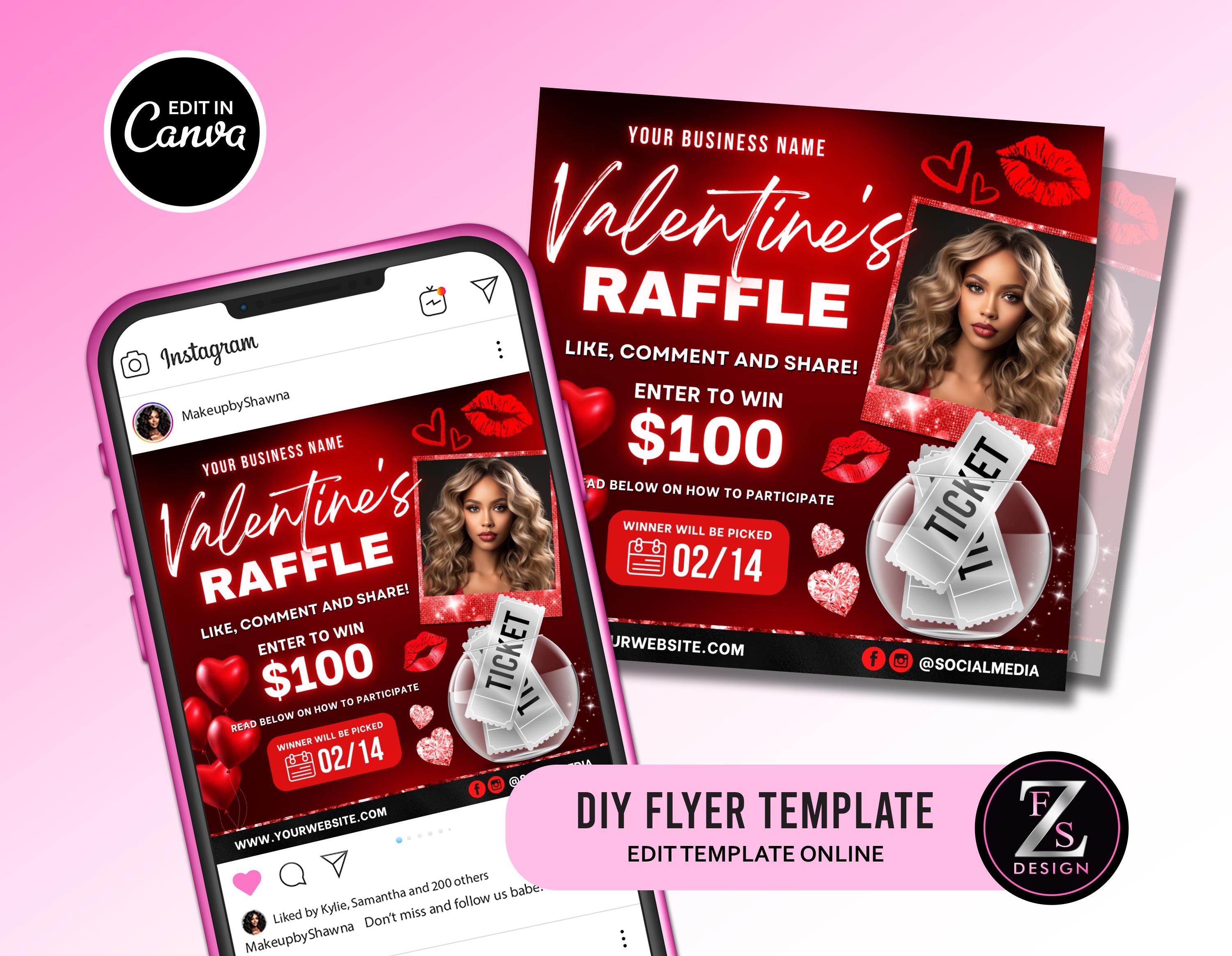 Valinetines Raffle Poster Valentines Day Raffle Giveaway Flyer, DIY Valentines Flyer, Giveaway ...